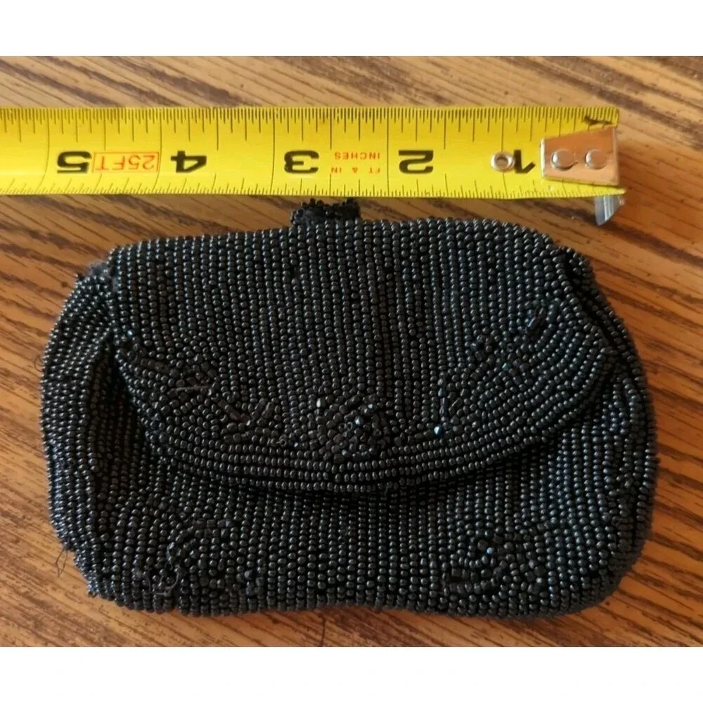 Antique Black Beaded Coin Medicine‎ Makeup Purse Ornate Handmade In Belgium